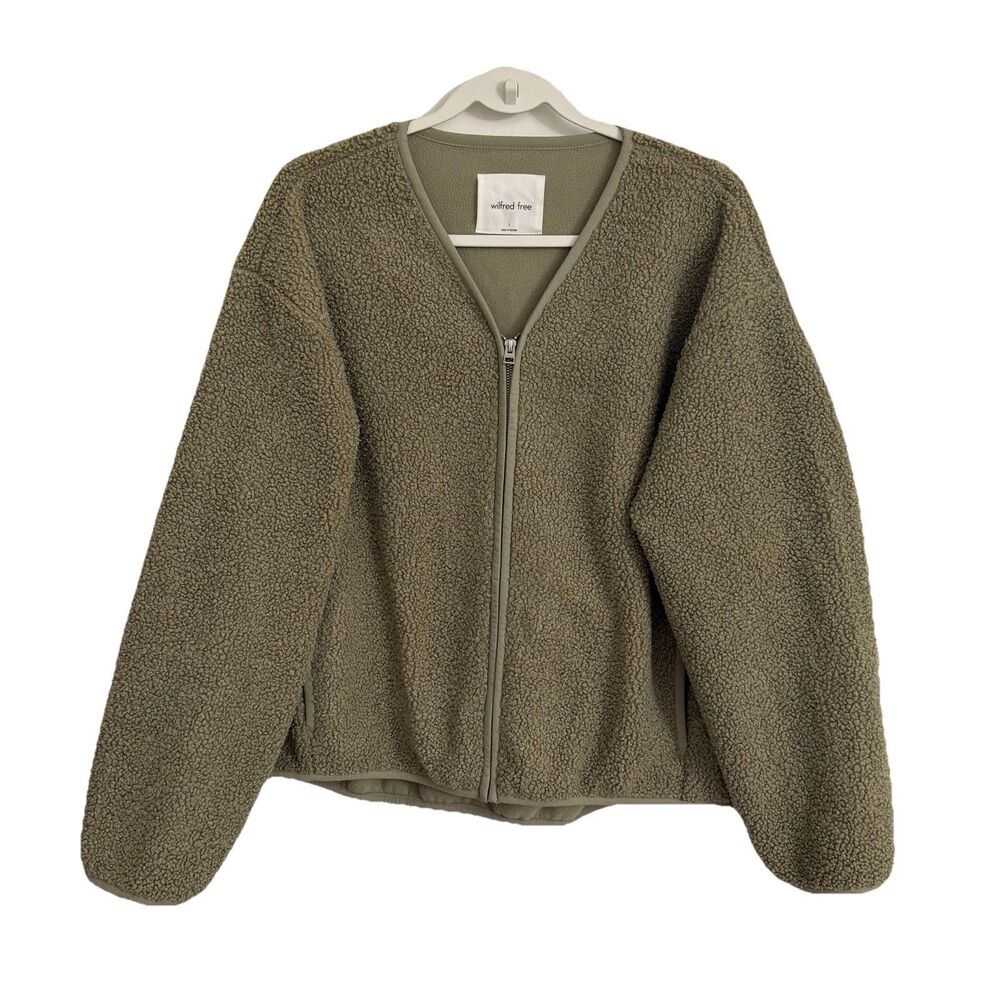 Wilfred Free Aritzia Teddy Fleece Zip Jacket Womens Large Olive Green Cozy